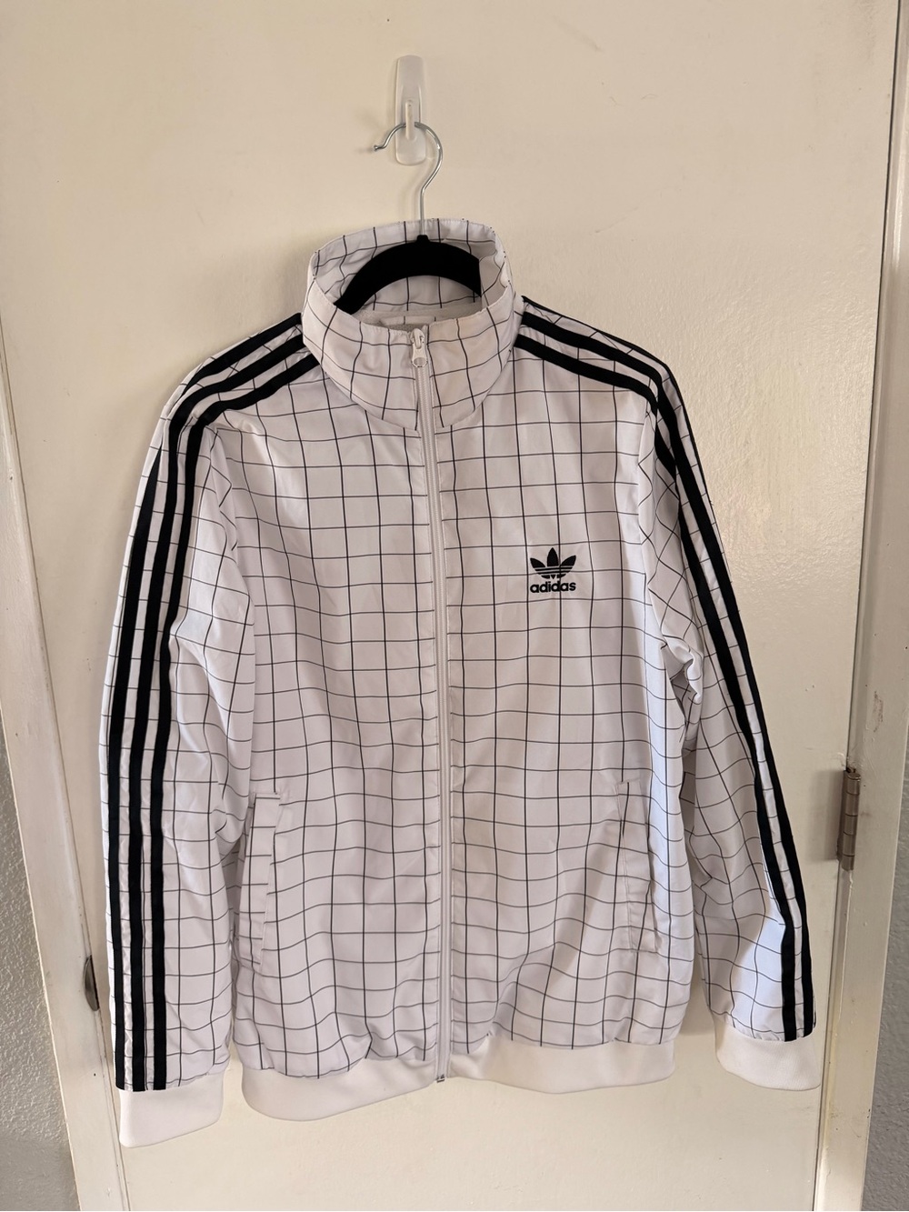 adidas White Grid Varsity Track Jacket with Black Stripes